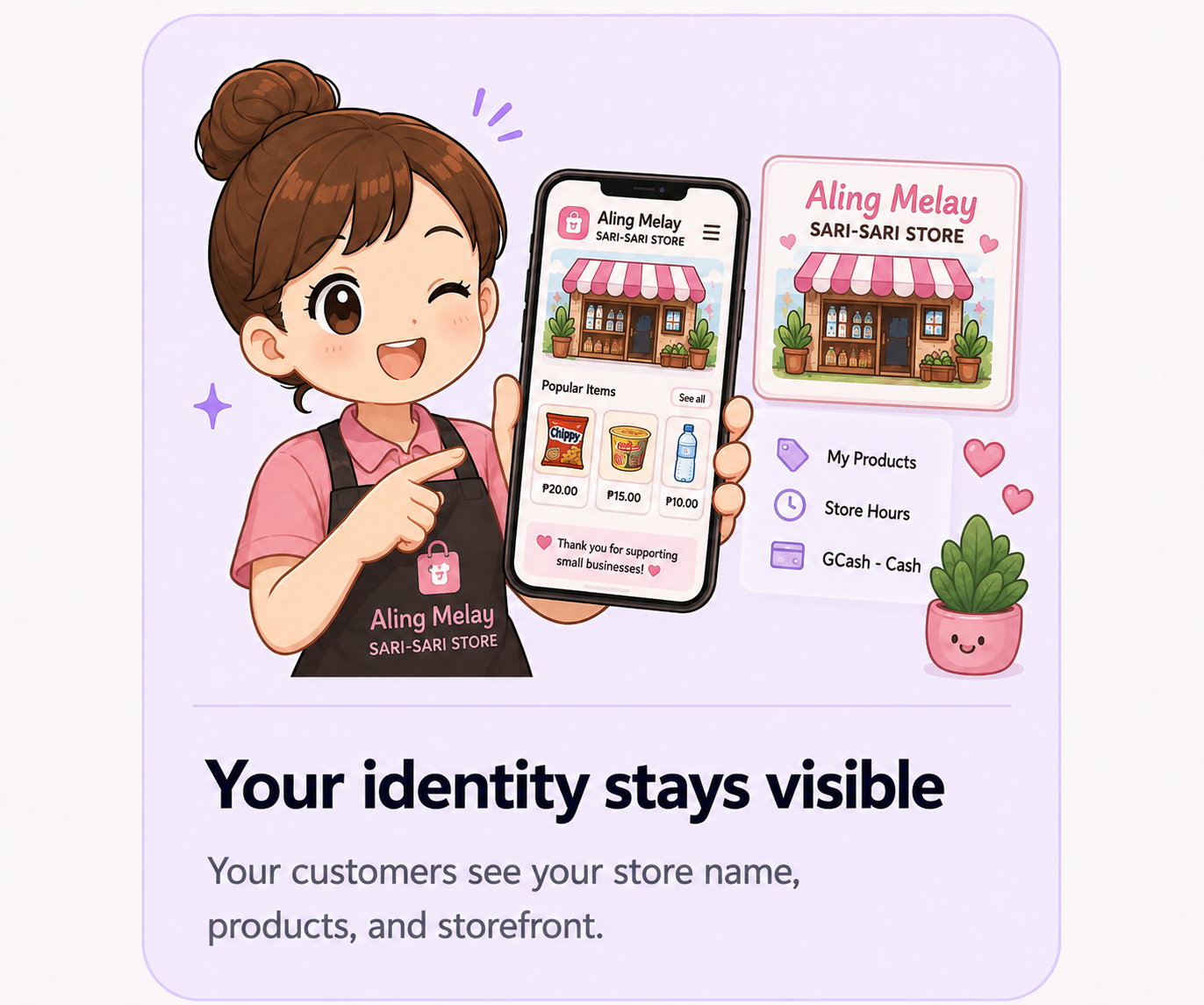 Store owner holding a phone showing her own branded EL-Cartty storefront