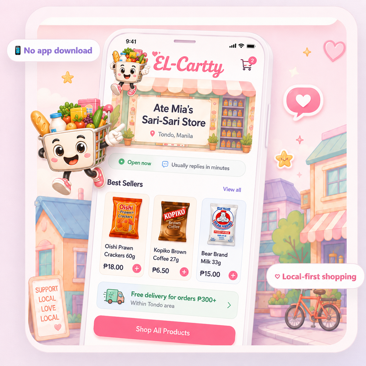 EL-Cartty mobile storefront with the official EL-Cartty mascot