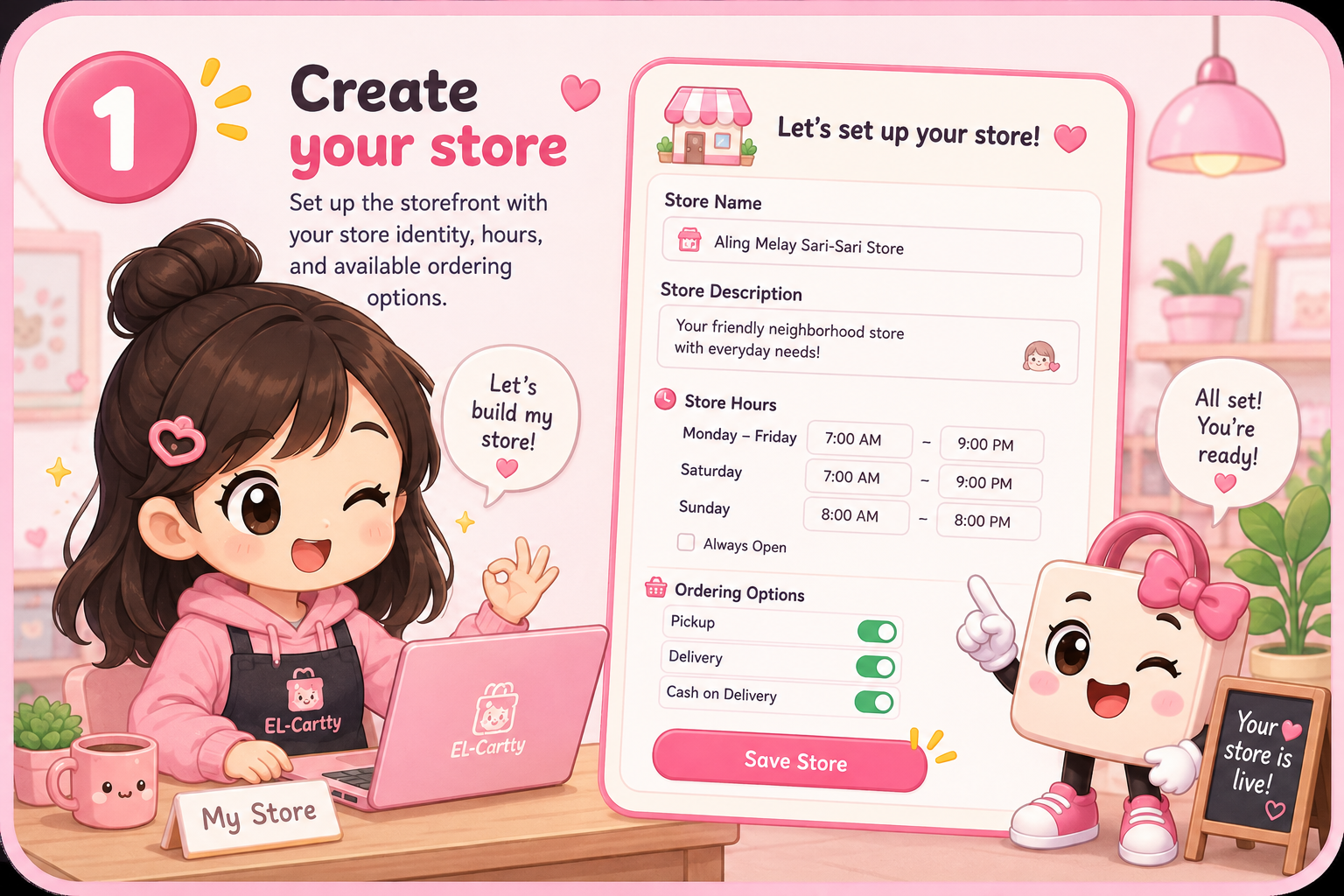Create your store in EL-Cartty with store identity, hours, and ordering options