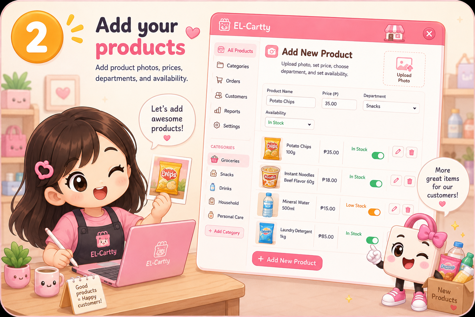 Add product photos, prices, departments, and availability in EL-Cartty